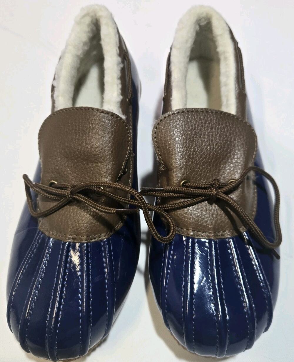 🦆 MERONA NAVY BLUE & BROWN MOC DUCK BOOTS WOMEN'S SIZE 8 PUDDLE STOMPERS🦆